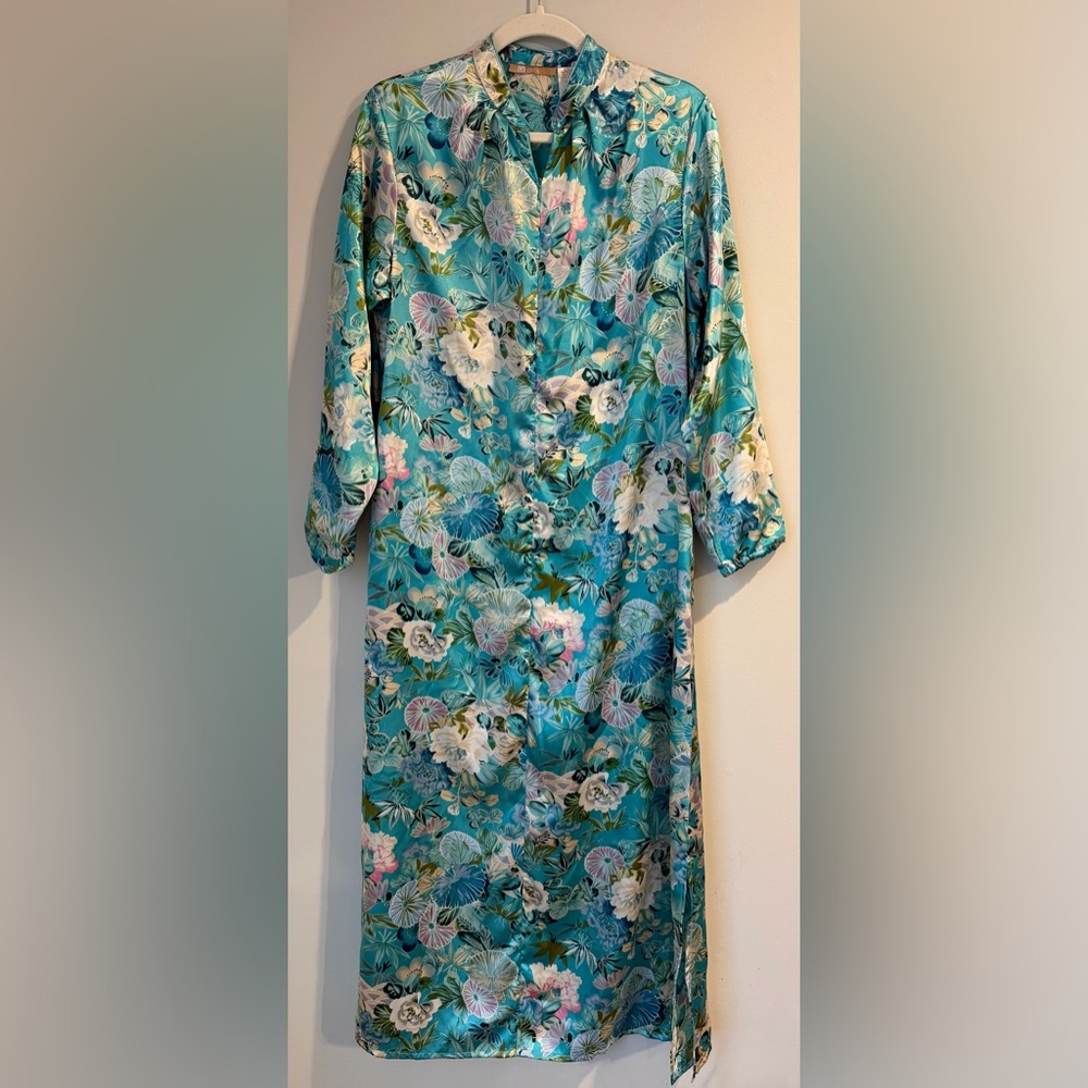 LA Cera Floral satin 1/2 Zip Kaftan Mumu Lounge Robe size Small Womens